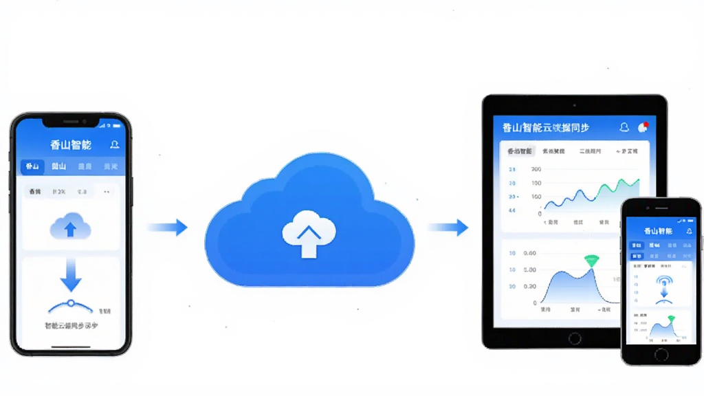 香山智能云端数据同步示意图,画面中央是云朵图标,左侧手机显示数据上传,右侧平板和手机显示数据下载,屏幕中均显示