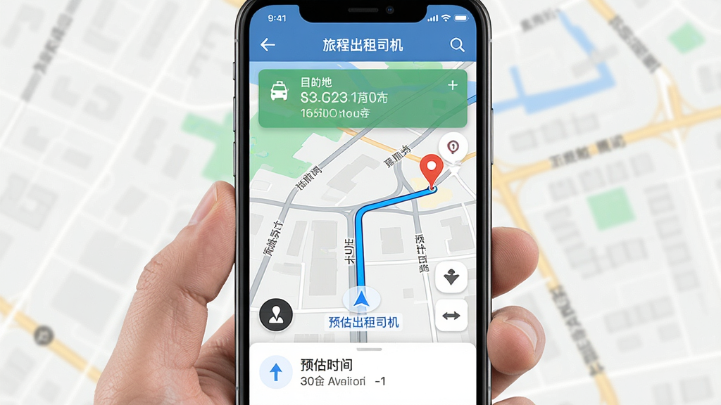 主体是手机屏幕展示「旅程出租司机」内置导航界面,布局为地图占据主要画面,排版上方为目的地信息卡片、下方为路线指引,风格为数字地图导航UI风格,细节包含蓝色路线轨迹、起点终点标记、预估时间文字、周边道路名称,画质高清干净,无多余元素