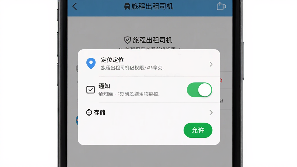 主体是手机屏幕显示「旅程出租司机」权限设置引导页面,布局为居中弹窗列表,排版从上到下依次为定位、通知、存储三项权限开关,风格为简洁移动端设置UI风格,细节包含权限图标、说明文字、允许按钮、浅色背景,画质高清干净,无多余元素