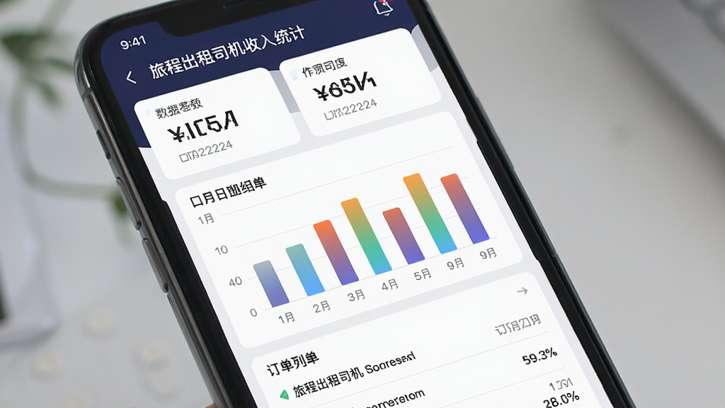 主体是手机屏幕展示「旅程出租司机」收入统计页面,布局为顶部数字汇总卡片、中部柱状图、底部订单列表,排版规整,风格为简约数据可视化UI风格,细节包含金额数字、日期标签、柱状图颜色渐变、列表条目,画质高清干净,无多余元素