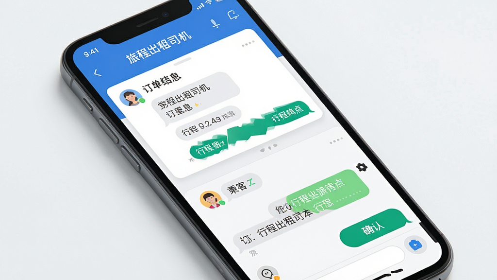主体是手机屏幕展示「旅程出租司机」订单详情与消息沟通界面,布局为上半部分行程信息卡片、下半部分聊天对话框,排版左右分栏,风格为现代社交应用UI风格,细节包含乘客头像、消息气泡、行程起点终点文字、确认按钮,画质高清干净,无多余元素
