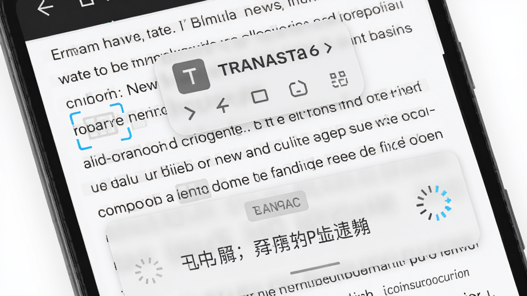 一部安卓手机屏幕特写,屏幕上方有一个半透明悬浮翻译按钮,屏幕内容为英文新闻页面,翻译结果以中文浮层显示在下方,背景为白色简洁界面,风格为现代科技感,细节包括文字识别框、翻译加载动画、语言标识,画质高清干净,无多余元素