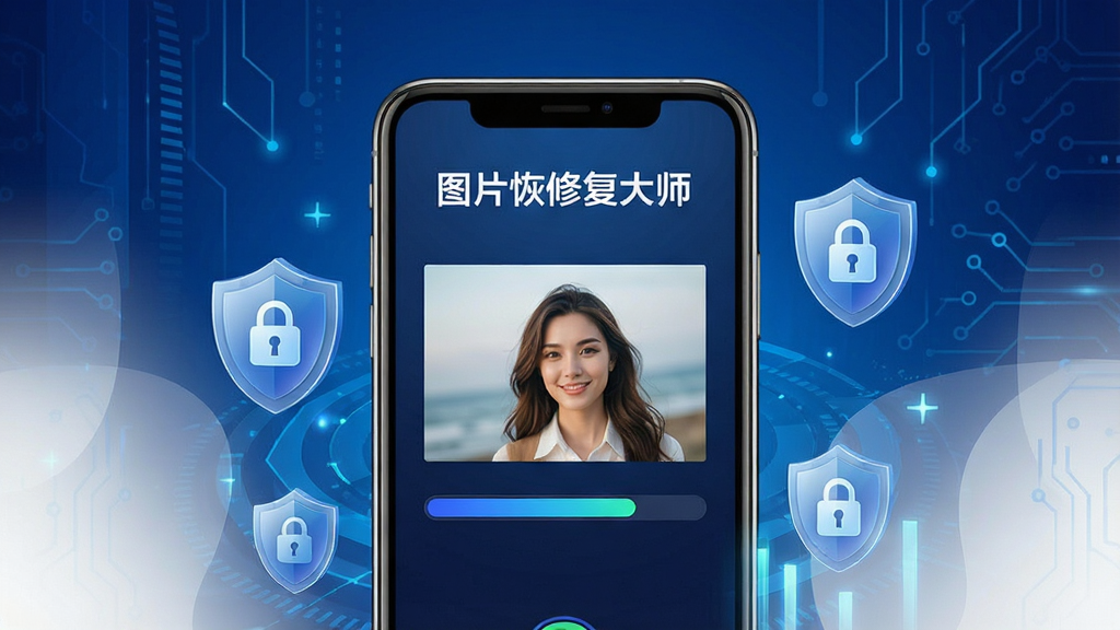 一张展示图片恢修复大师本地处理与隐私保护功能的示意图,画面中是一部手机,手机屏幕显示照片正在本地修复的进度条,周围有盾牌和锁的图标象征安全保护,背景是深蓝色科技感渐变,风格安全可靠,细节包括软件名称文字“图片恢修复大师”在屏幕上方,画质清晰,干净,无多余元素