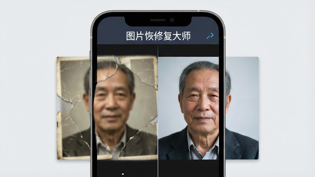 一张展示图片恢修复大师软件界面的示意图,画面中央是手机屏幕,屏幕上显示着老照片修复前后的对比效果,左侧是模糊破损的老照片,右侧是清晰修复后的彩色照片,背景是干净的浅灰色,风格简洁科技感,细节包括软件名称文字“图片恢修复大师”在屏幕上方,画质清晰,干净,无多余元素