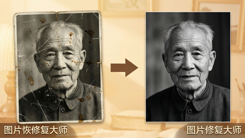 一张展示图片恢修复大师智能老照片修复功能的示意图,画面左侧是一张布满划痕和污渍的黑白老照片,右侧是修复后干净清晰的黑白照片,中间有箭头连接表示修复过程,背景是柔和的暖色调,风格温馨怀旧,细节包括软件名称文字“图片恢修复大师”在画面角落,画质清晰,干净,无多余元素