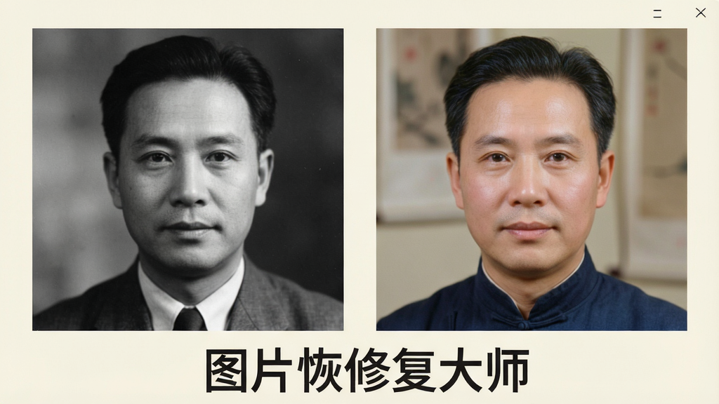 一张展示图片恢修复大师黑白照片上色功能的示意图,画面中是一张黑白人物肖像照片,旁边是同一张照片上色后的彩色版本,色彩自然柔和,背景是淡雅的米白色,风格复古与现代结合,细节包括软件名称文字“图片恢修复大师”在画面下方,画质清晰,干净,无多余元素
