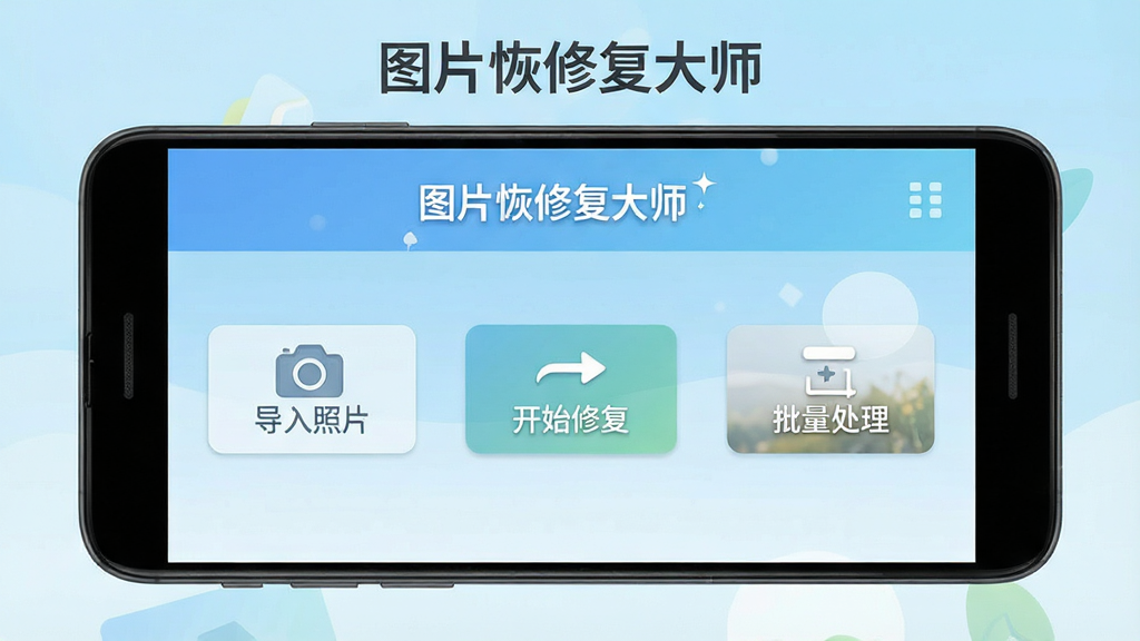 一张展示图片恢修复大师新手操作界面的示意图,画面中是一部安卓手机,屏幕上显示着软件主界面,界面简洁,有“导入照片”“开始修复”“批量处理”等按钮,背景是浅蓝色渐变,风格清新友好,细节包括软件名称文字“图片恢修复大师”在屏幕顶部,画质清晰,干净,无多余元素