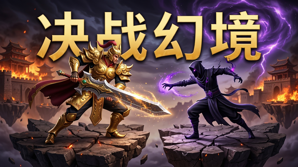 画面中心是身披金甲手持巨剑的战士与暗影刺客在悬浮的破碎大陆上激烈交锋,背景是燃烧的古城与紫色的魔法风暴,画面布局采用左右对称构图,主体突出,风格为东方玄幻3D渲染,细节上强调盔甲纹理与技能光效的粒子感,画质为4K超高清,干净无多余元素,画面中悬浮着“决战幻境”四个金色大字。
