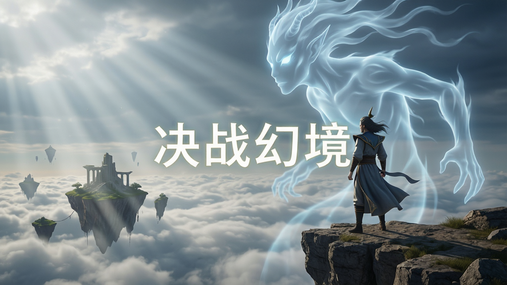 一位法师角色站在悬崖边俯瞰云海中的浮空岛屿,身后是巨大的幻灵虚影,画面布局为三分法构图,风格为奇幻写实,细节上强调云层的体积光与幻灵的半透明质感,画质为8K超清,干净大气,画面中央有“决战幻境”的发光文字。