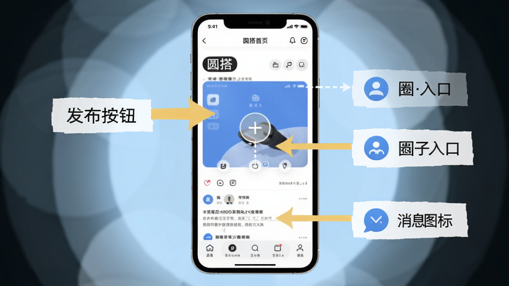圆搭新手操作示意图,画面中央是手机屏幕显示圆搭首页,有箭头标注“发布按钮”“圈子入口”“消息图标”,背景是淡蓝色圆形光斑,布局清晰,风格扁平化,细节有文字标注和图标,画质高清,干净无多余元素