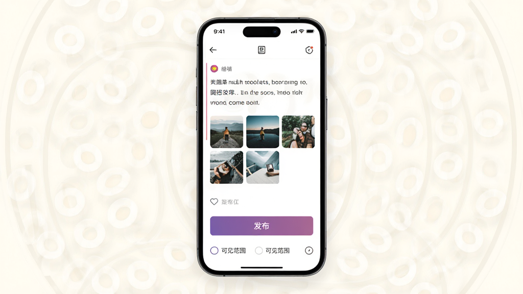 圆搭动态发布页面,画面中央是手机屏幕显示编辑框,内有文字和图片缩略图,下方有“发布”按钮和可见范围选项,背景是淡雅的圆形纹理,布局简洁,风格现代,细节有图标和色彩点缀,画质高清,干净无多余元素
