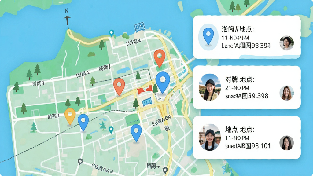 圆搭附近活动列表,画面展示地图背景上分布着多个活动标记点,旁边有活动卡片显示时间地点,布局错落有致,风格清新明快,细节有定位图标和头像,画质清晰,干净无多余元素
