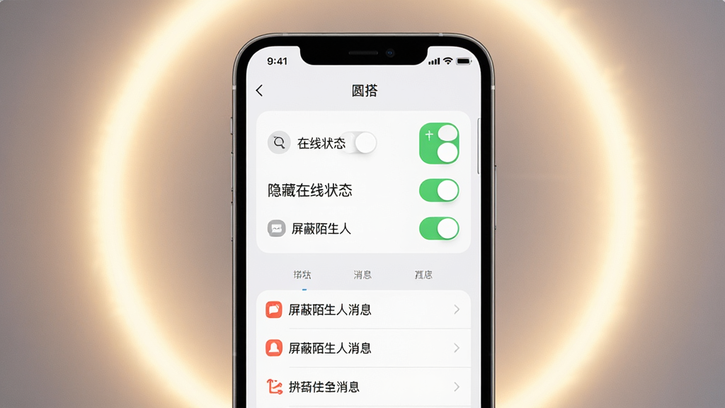 圆搭隐私设置界面,画面中央是手机屏幕显示多个开关按钮和选项列表,如“隐藏在线状态”“屏蔽陌生人消息”,背景是柔和的圆形光晕,布局整齐,风格简约,细节有图标和文字标签,画质高清,干净无多余元素