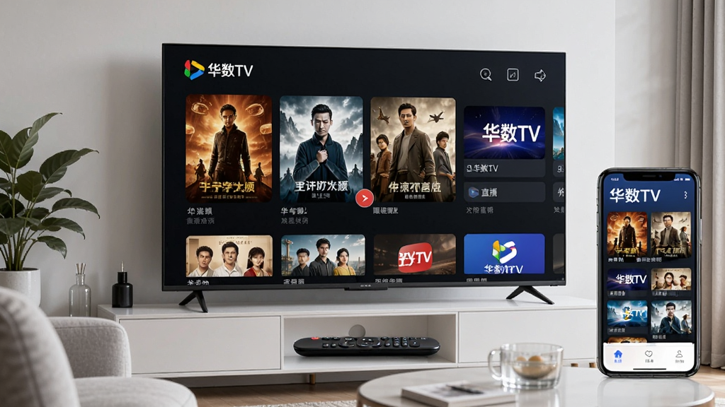 画面中央是一台大屏幕智能电视,电视屏幕上显示着“华数TV”的软件界面,界面中有电影海报、电视剧封面和直播频道入口,电视下方摆放着一个遥控器,画面右侧有一部智能手机,手机屏幕同样显示“华数TV”的移动端界面,整体布局为客厅场景,风格为现代简约家居风,细节包括沙发一角、绿植、茶几上的水杯,画质高清,画面干净,无多余元素