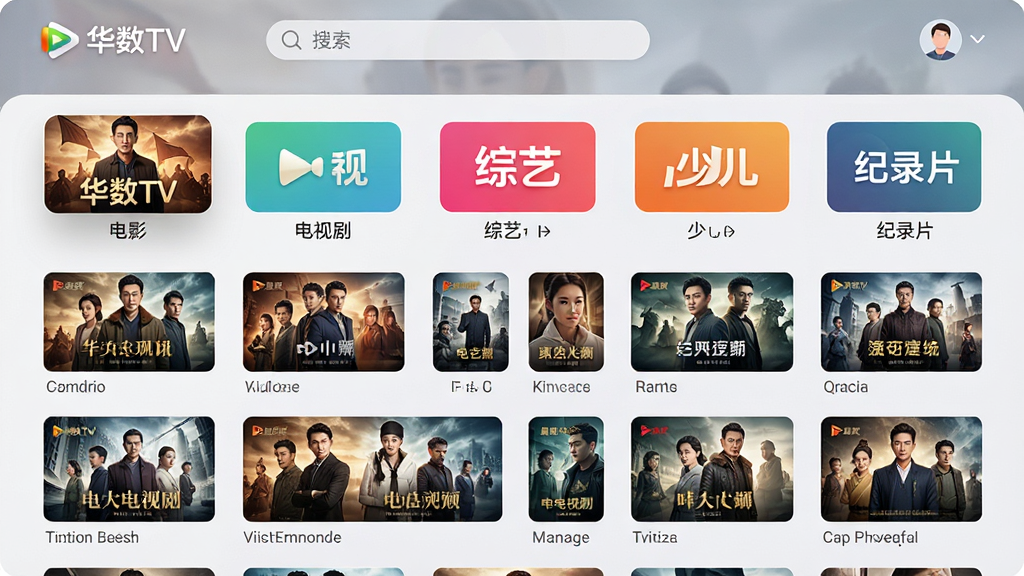画面主体为“华数TV”软件的内容分类界面,界面中整齐排列着电影、电视剧、综艺、少儿、纪录片等分类图标,每个分类下方展示三到四张影视海报缩略图,布局为网格状排版,风格为清爽现代的UI设计风,细节包括海报上的光影效果、界面顶部的搜索框和用户头像,画质高清,画面干净,无多余元素