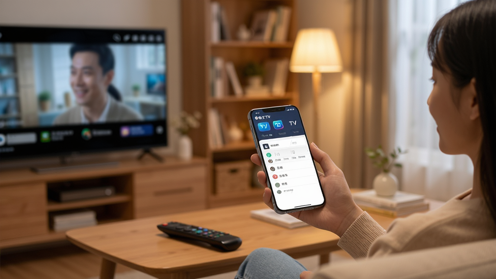 画面展示一位用户坐在沙发上,手持手机操作“华数TV”APP,手机屏幕上显示投屏设备选择列表,前方电视屏幕正在播放视频内容,布局为人物与设备的中景构图,风格为温馨家居生活风,细节包括手机屏幕上的TV图标、电视遥控器放在茶几上、背景有书架和台灯,画质高清,画面干净,无多余元素