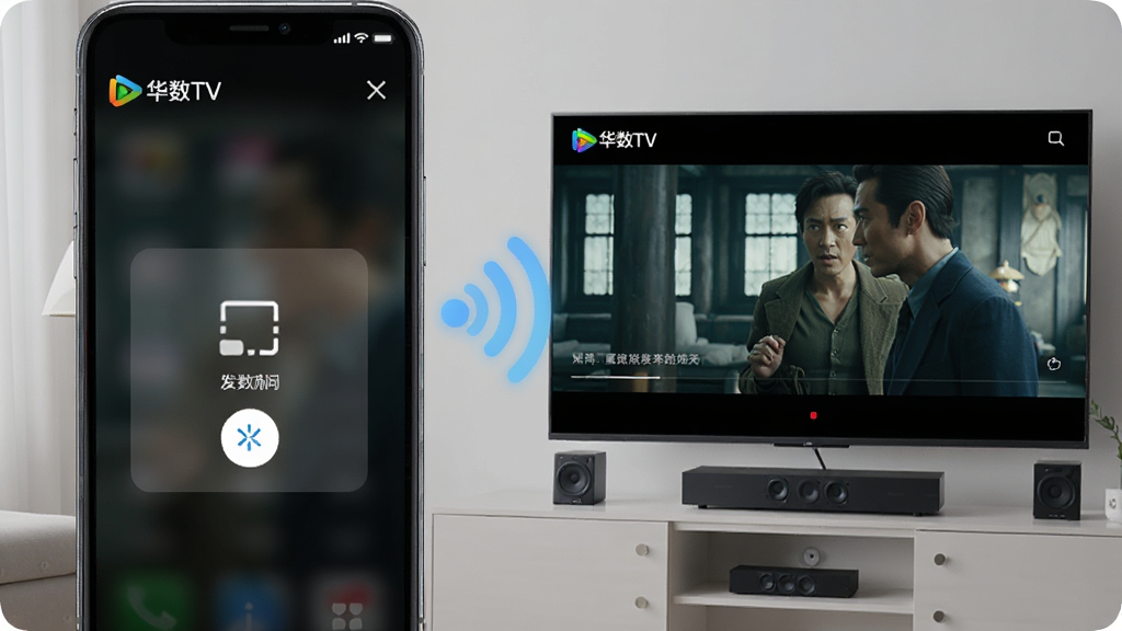 画面展示一部智能手机正在向智能电视投屏“华数TV”的播放画面,手机屏幕显示投屏按钮已被点击,电视屏幕显示正在播放的电影画面,布局为左右分屏对比,左侧为手机特写,右侧为电视屏幕,风格为科技感家居风,细节包括手机与电视之间的无线信号波纹图标、电视下方的音响设备,画质高清,画面干净,无多余元素