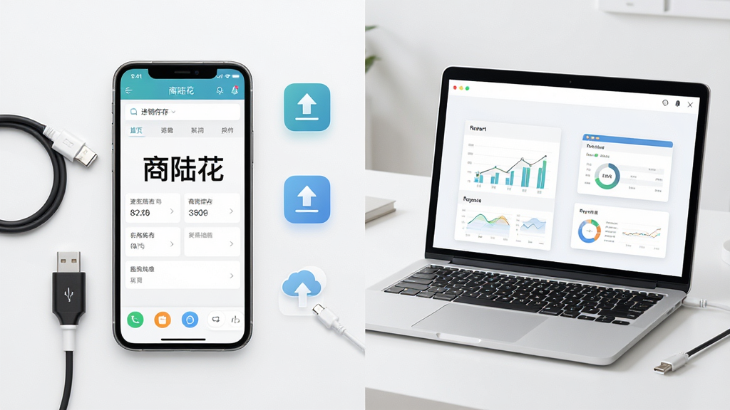 手机维修与数据备份场景,画面主体是一部显示进销存应用的手机和一台笔记本电脑,布局采用左右对比构图,排版清晰,风格为简约科技风,细节包括数据线、备份图标、报表文件,画质高清,画面干净,无多余元素,手机屏幕中显示文字“商陆花”