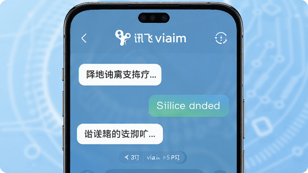 一张展示讯飞viaim应用界面的手机预览图,画面中央是手机屏幕显示实时翻译对话界面,左侧是中文文字气泡,右侧是英文翻译气泡,顶部有讯飞viaim品牌标识,背景为浅蓝色渐变科技风格,布局简洁,细节清晰,画质干净,无多余元素