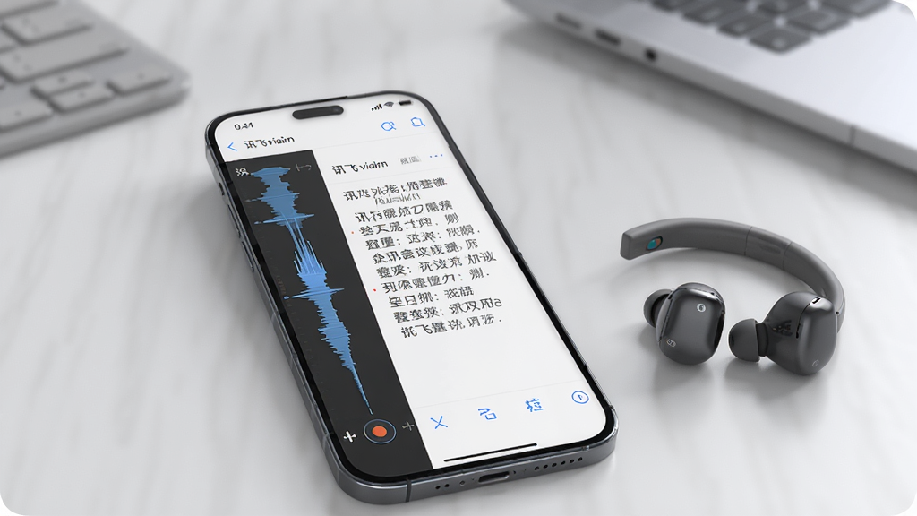 一张AI生成的场景图,画面展示一部手机屏幕显示讯飞viaim的会议纪要界面,左侧是录音波形,右侧是整理好的文字纪要,手机旁边放着一副讯飞智能耳机,背景为办公桌面,风格简约现代,细节清晰,画质干净,无多余元素,屏幕中文字标注“讯飞viaim”