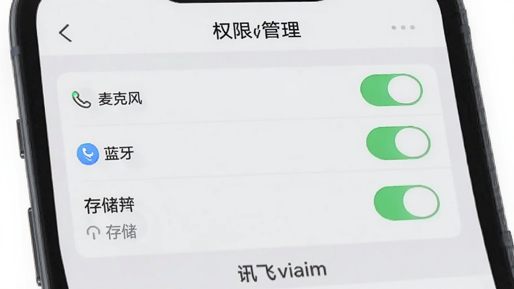 一张AI生成的手机应用界面截图风格图片,画面展示讯飞viaim的权限设置页面,顶部标题“权限管理”,下方列出麦克风、蓝牙、存储等权限开关,界面简洁清晰,背景为浅灰色,风格干净现代,画质清晰,无多余元素,屏幕中文字标注“讯飞viaim”
