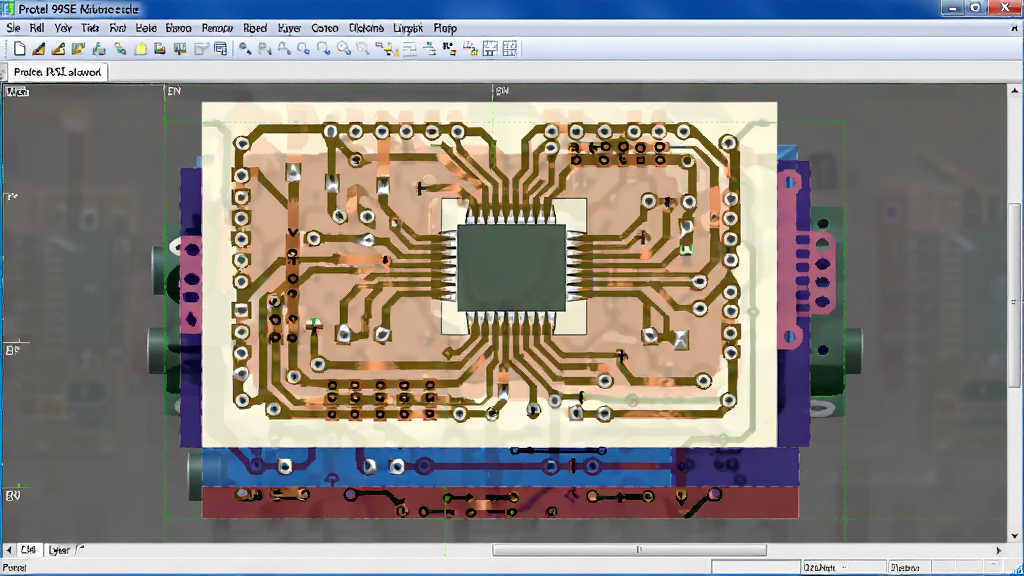 һ��չʾProtel 99SE���PCB���߽����ͼƬ������������PCB�༭���ڣ���ʾ���㡢�ײ㡢˿ӡ��ȶ��ṹ������Ϊ�����ӽǣ��Ű����������Ϊдʵ�������棬ϸ�ڰ���ͭ�����ߡ����ס����̡�����ɫ���֣����ʸ��塢�ɾ����޶���Ԫ��