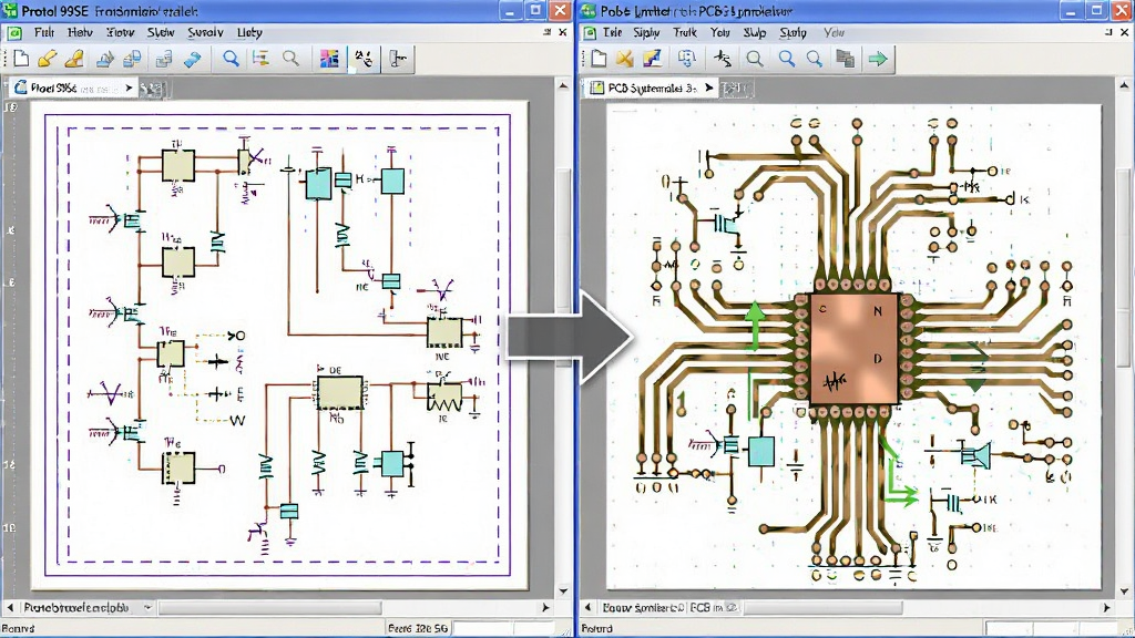 һ��չʾProtel 99SEԭ��ͼ��PCBͬ��������ͼƬ������������ԭ��ͼ�༭���ں�PCB���ִ��ڲ�����ʾ������Ϊ���Ҷ��գ��Ű湤�������Ϊдʵ�������棬ϸ�ڰ�����·���š�ͭ�����ߡ��������ߡ�ͬ����ͷ�����ʸ��塢�ɾ����޶���Ԫ��