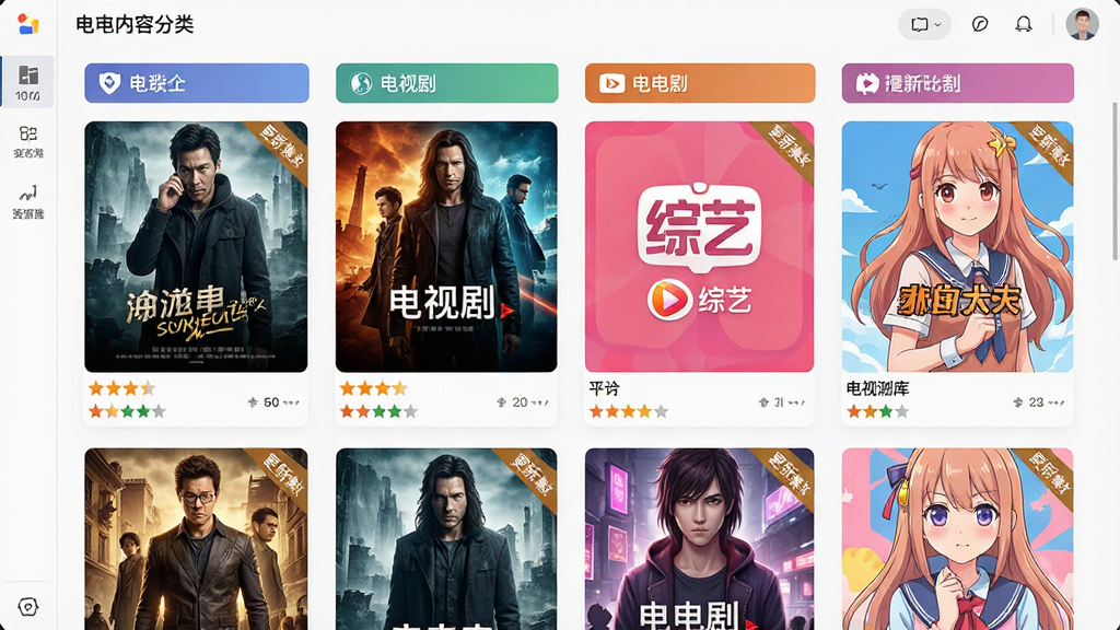 一张展示看电影网客户端影视资源库界面的预览图,主体为软件内容分类页面,布局采用网格海报墙设计,排版按电影、电视剧、综艺、动漫分标签展示,风格现代扁平化,细节包含彩色影视海报、评分标签、更新集数角标,画质清晰,干净,无多余元素