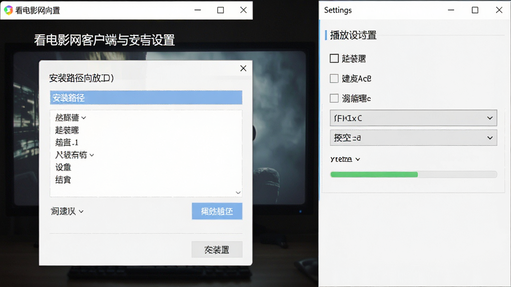 一张展示看电影网客户端安装与设置界面的预览图,主体为软件安装向导窗口和设置面板并排显示,布局采用左右分栏,左侧为安装路径选择,右侧为播放设置选项,风格干净简约,细节包含浏览按钮、复选框、下拉菜单、进度条,画质清晰,干净,无多余元素