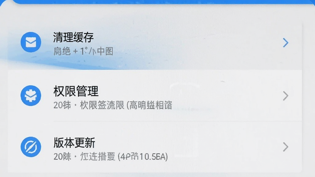 现视软件设置页面的手机截图,画面中显示清理缓存、权限管理、版本更新等选项,界面简洁,蓝白配色,画质清晰