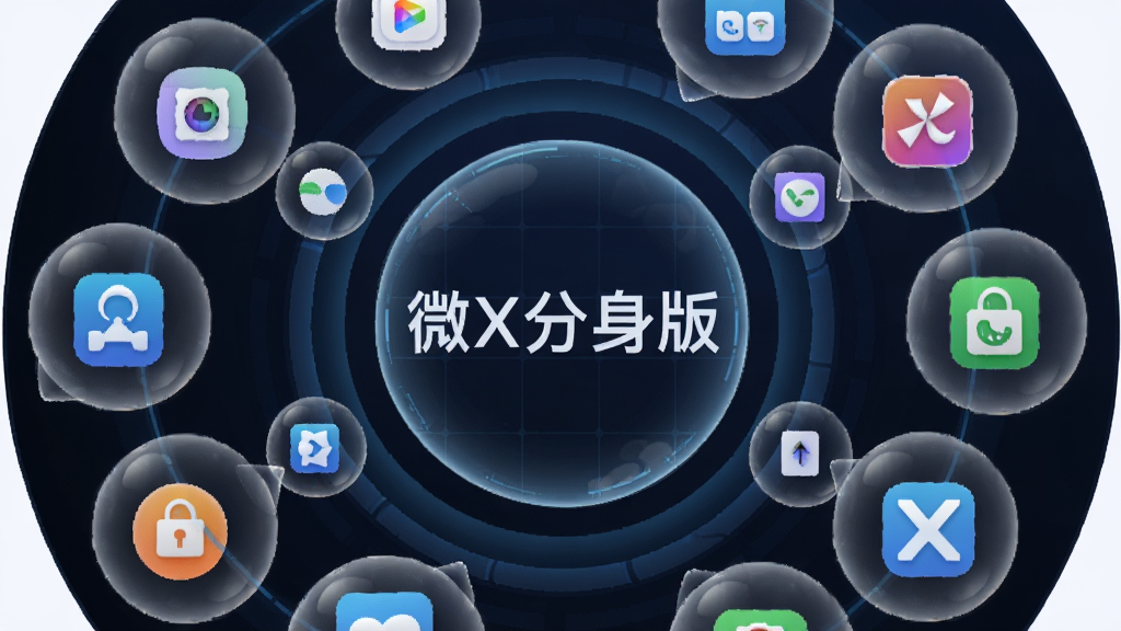 一幅表现数据隔离概念的科技插画,画面主体为“微X分身版”文字标识,布局采用中心向外辐射的圆形结构,排版层次分明,风格为抽象科技风,细节上多个透明气泡包裹不同应用图标,气泡之间互不相交,画质高清,干净,无多余元素