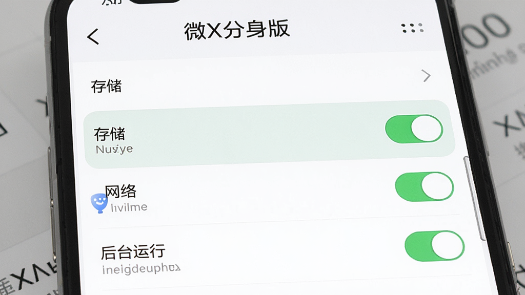 一幅展示手机设置中权限管理界面的示意图,画面主体为“微X分身版”的权限设置页面,布局采用列表形式,排版清晰,风格为简洁UI风格,细节上高亮显示“存储”“网络”“后台运行”等权限开关,画质高清,干净,无多余元素