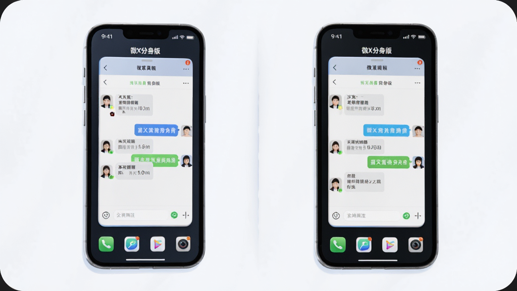 一幅展示手机屏幕中同时打开两个相同应用窗口的示意图,画面主体为“微X分身版”软件界面,布局采用左右分屏对比,排版简洁直观,风格为轻量化3D渲染,细节上两个窗口分别显示不同的聊天界面和头像,画质清晰,干净,无多余元素