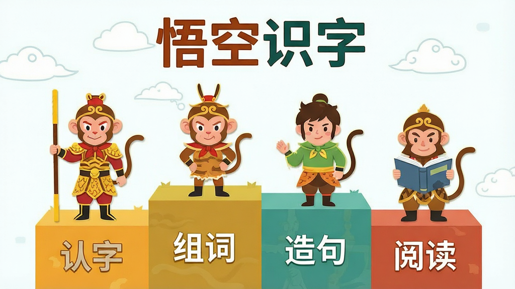 一张展示悟空识字课程阶梯的示意图,画面中央是四级台阶分别标注“认字”“组词”“造句”“阅读”,每级台阶上站着不同的西游角色,布局为纵向阶梯式,风格为简洁明快的扁平插画,细节包含“悟空识字”标题位于画面顶部,画质清晰干净,无多余元素