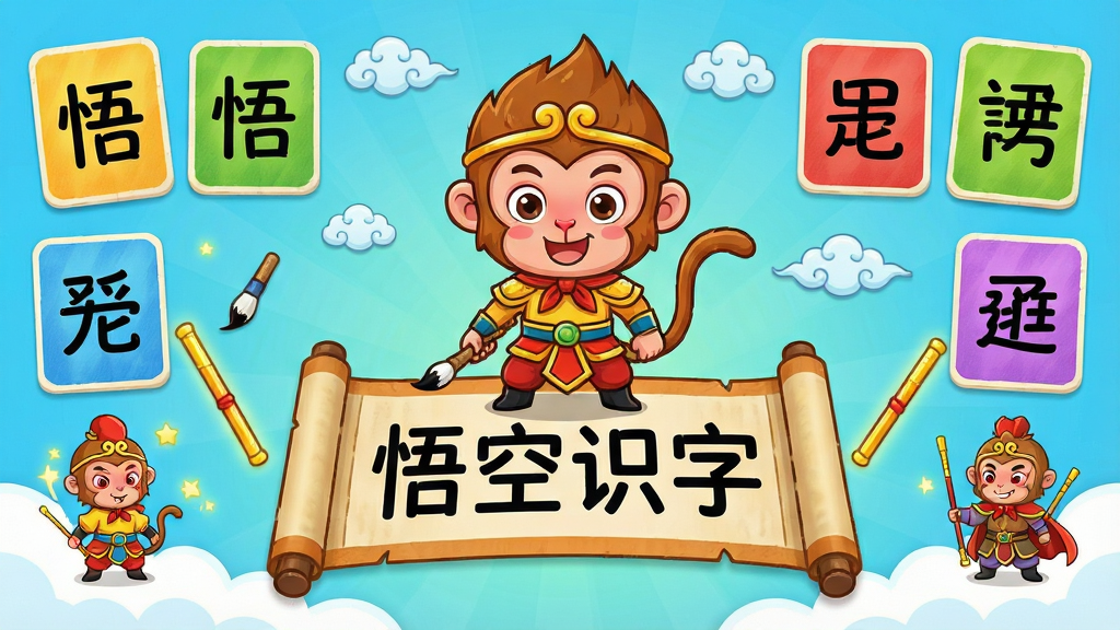 一张展示悟空识字软件主界面的图片,画面中央是卡通孙悟空形象站在写有“悟空识字”字样的卷轴上方,周围环绕着汉字卡片和西游角色,布局采用中心对称式,风格为明快活泼的儿童插画风,细节包含彩色汉字块、云朵、金箍棒元素,画质清晰干净,无多余元素