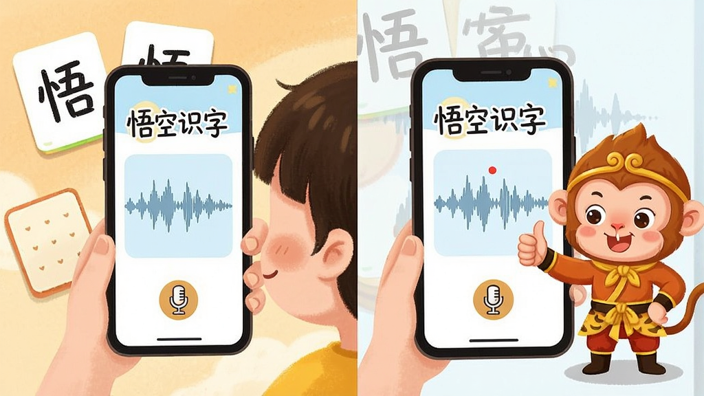 一幅展示儿童对着手机屏幕跟读汉字的图片,屏幕中显示“悟空识字”界面和发音波形图,孩子旁边有卡通孙悟空竖起大拇指,布局为左右分栏,风格为温馨的儿童插画,细节包含汉字卡片和话筒图标,画质清晰干净,无多余元素