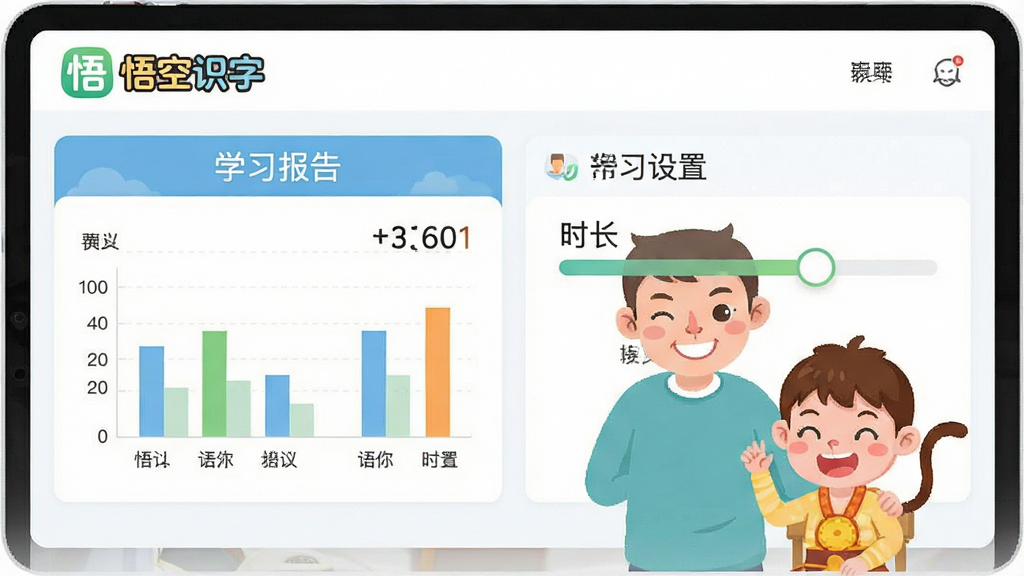 一张展示悟空识字家长端界面的图片,画面中显示学习报告图表和时长设置滑块,旁边有家长和孩子的卡通形象,布局为上下结构,风格为清爽的扁平化设计,细节包含“悟空识字”logo和数据显示区域,画质清晰干净,无多余元素