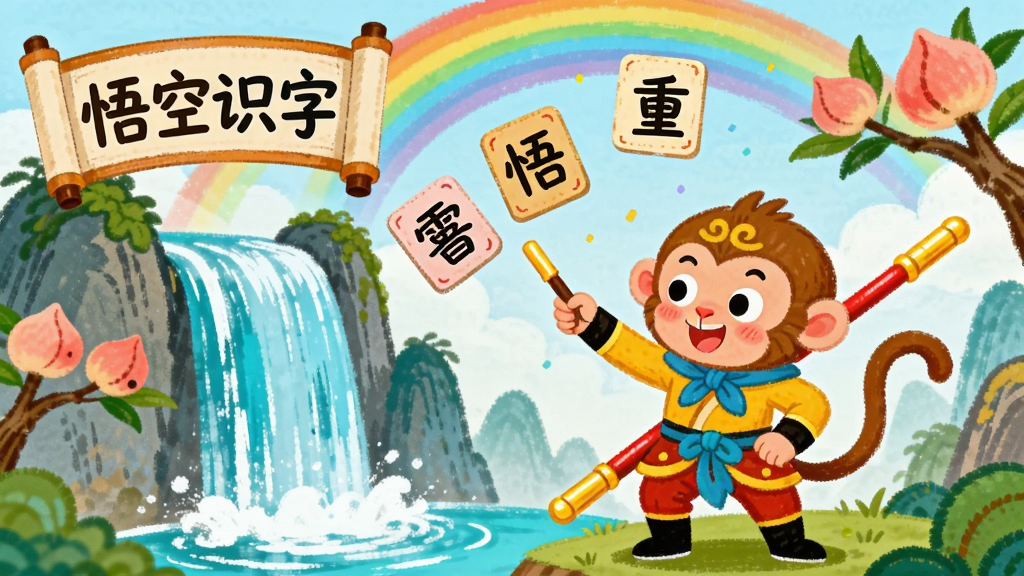 一幅儿童插画风格的图片,画面展示孙悟空站在花果山瀑布前,手中金箍棒指向空中漂浮的汉字卡片,背景有彩虹和桃树,布局为横向全景,风格为色彩鲜艳的卡通手绘,细节包含“悟空识字”字样出现在画面左上角卷轴上,画质清晰干净,无多余元素