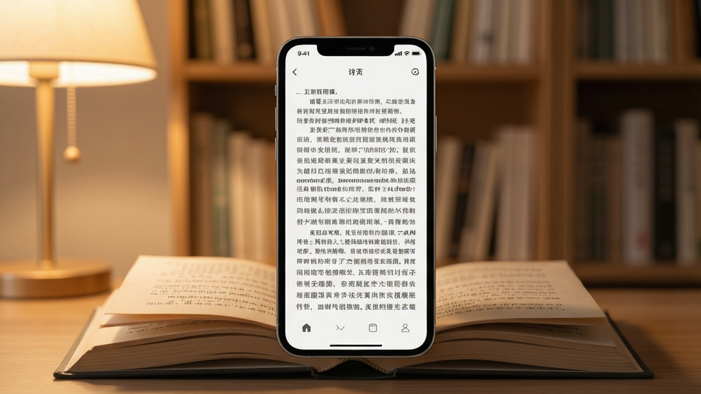 一部打开的手机阅读应用,屏幕显示小说阅读界面,主体为手机和翻开的书页,布局居中,排版简洁,风格为清新文艺,细节包括柔和暖光、书架背景、文字排版清晰,画质高清、干净、无多余元素,画面中不出现任何文字