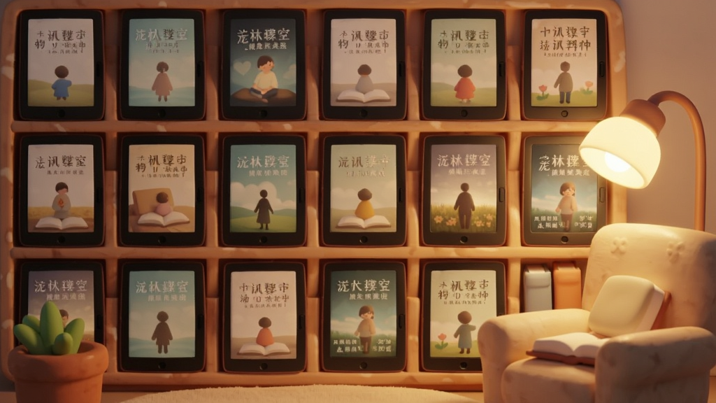 一个虚拟书架场景,主体为排列整齐的电子书封面,布局为网格状展示,排版错落有致,风格为温暖治愈系,细节包括柔和灯光、舒适阅读角落,画质高清、干净、无多余元素,画面中书籍封面不出现具体文字