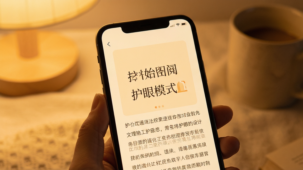 一部手机展示阅读护眼模式界面,主体为手机屏幕和暖色背景,布局为全屏阅读视图,排版简洁,风格为温馨舒适,细节包括护眼色调、字体清晰、无干扰元素,画质高清、干净、无多余元素,画面中不出现任何文字