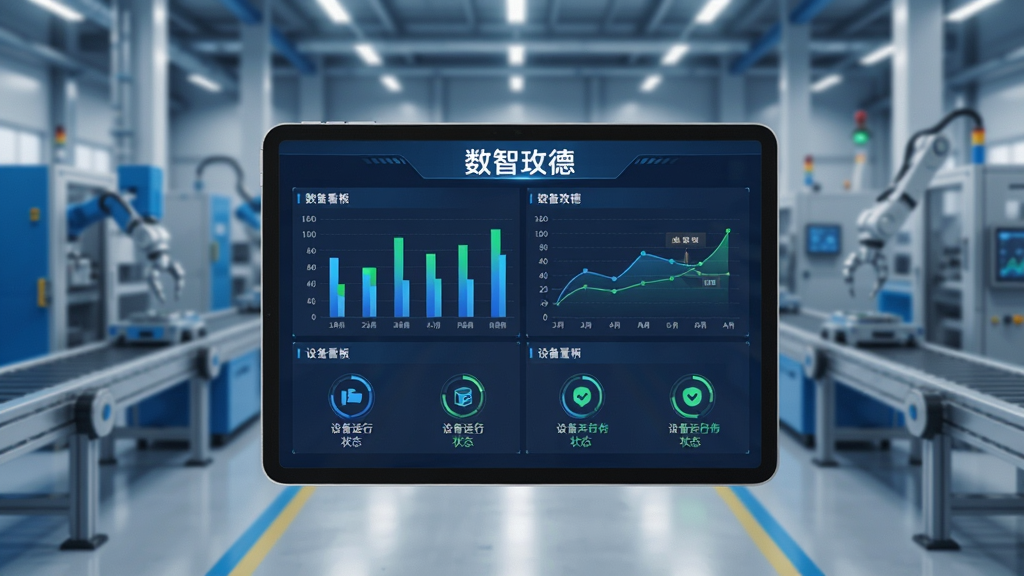 展示工业智能制造数据看板的界面概念图,画面中央是平板电脑或手机屏幕,屏幕上显示着柱状图、折线图以及设备运行状态图标,屏幕上方有“数智玫德”字样。背景是虚化的现代化工厂车间流水线,整体色调为科技蓝与金属灰,画质清晰干净。