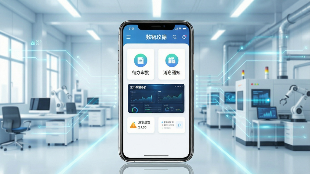 一张展示现代企业智能办公场景的概念图,画面中央是一部智能手机,屏幕上清晰显示着“数智玫德”应用界面,界面中有待办审批、生产数据看板、消息通知等图标元素。背景是简洁明亮的现代化工厂办公室,有淡蓝色光效和数字化线条连接手机与背景中的工厂设备。整体风格科技、商务、干净,画质清晰,无多余文字元素。