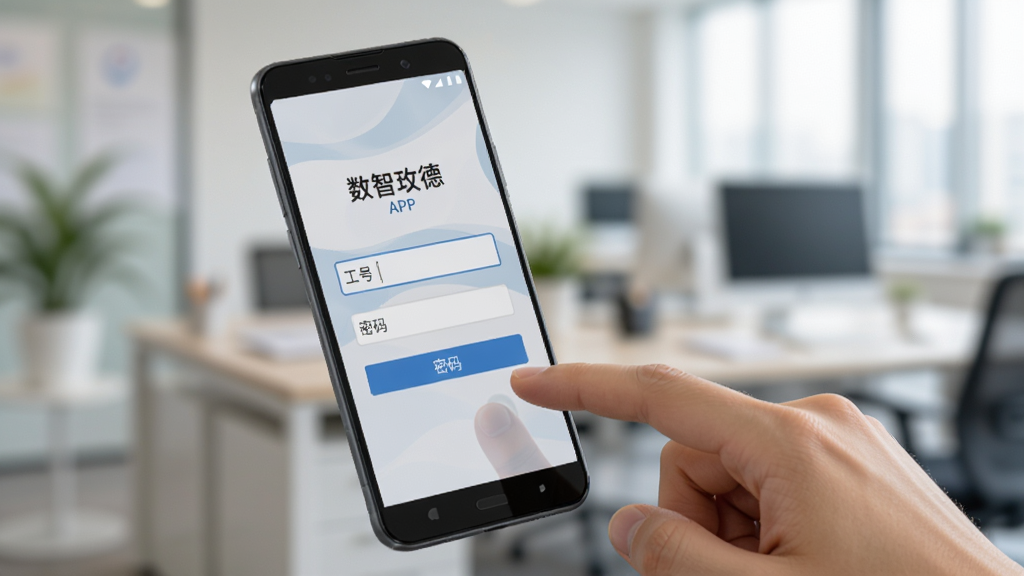 一部安卓手机屏幕显示“数智玫德”APP的登录界面,界面简洁,有工号输入框和密码框,背景是柔和的办公环境虚化图。手机旁边有一只手正在点击屏幕,画面风格生活化、干净,画质清晰。