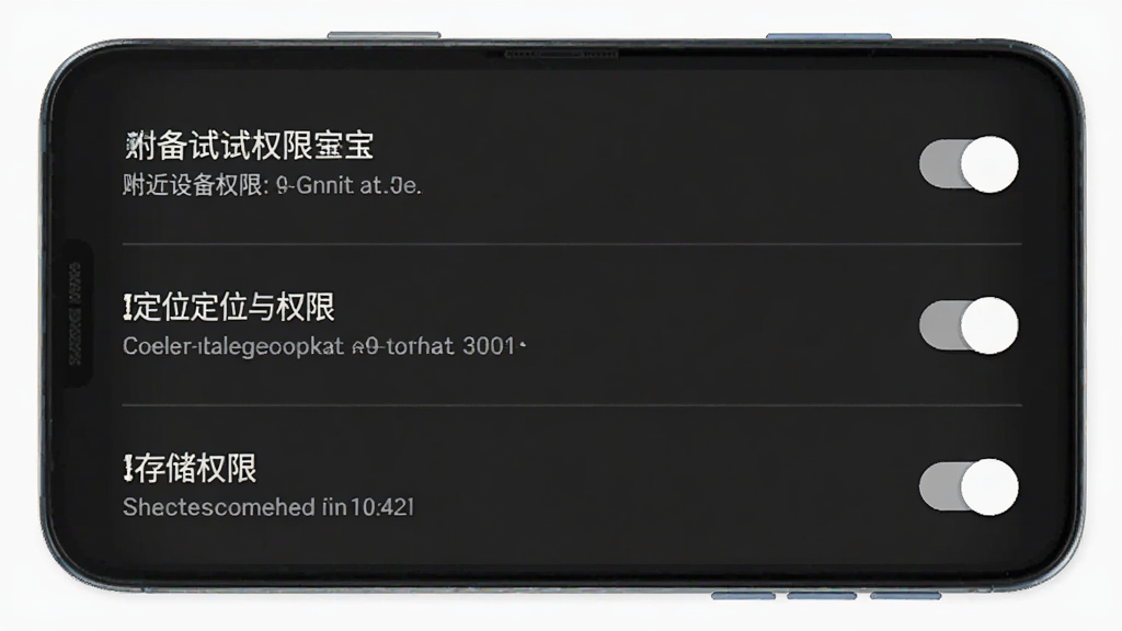 安卓手机设置界面展示BLE调试宝权限管理页面,主体为权限开关列表,布局为纵向排列,排版清晰,风格为系统设置风,细节包括附近设备权限、定位权限、存储权限,画质高清,干净,无多余元素
