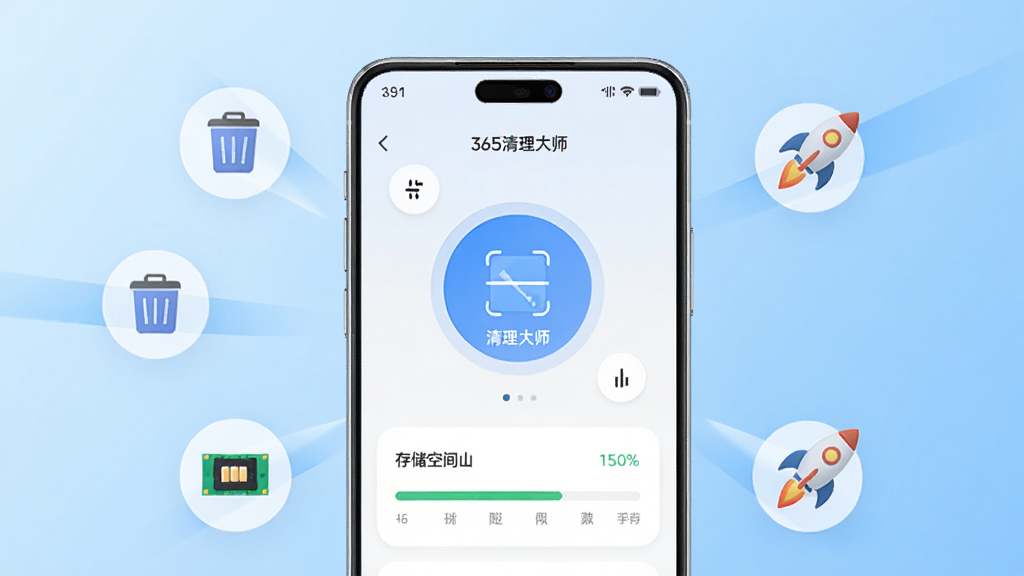 一张展示365清理大师手机应用主界面的图片,画面中央放置一部现代智能手机,手机屏幕显示清理大师的圆形扫描按钮和存储空间占用比例,背景为干净的浅蓝渐变,周围漂浮着垃圾桶图标、内存条图标和加速火箭图标,整体风格简洁科技感,细节清晰,画质高清,无多余元素