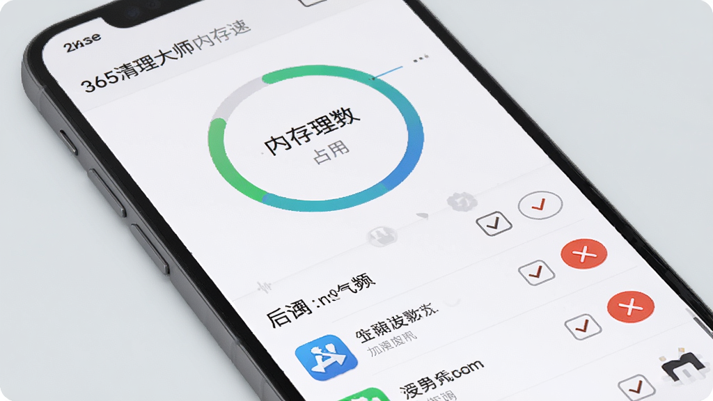 365清理大师内存加速功能界面展示图,画面主体为手机屏幕特写,屏幕中显示内存占用环形进度条和后台应用列表,每个应用旁边带有勾选框和关闭按钮,背景为淡灰色,风格清爽简约,细节清晰,画质干净,无多余元素