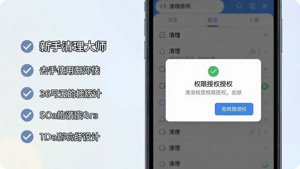 365清理大师新手使用注意事项示意图,画面展示手机屏幕中清理列表和权限授权弹窗,旁边配有简洁的提示文字和勾选图标,背景为柔和浅色,风格清晰易懂,细节到位,画质干净,无多余元素
