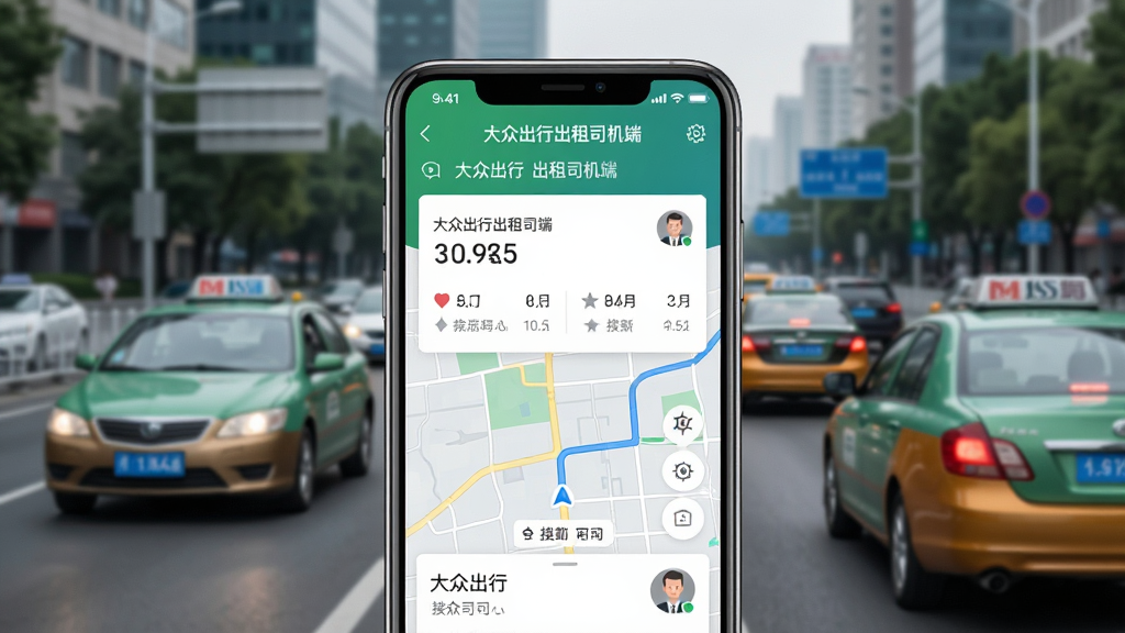 一张展示智能手机屏幕的图片,屏幕中清晰显示“大众出行出租司机端”的接单界面,背景是城市道路与出租车,画面布局为竖版手机界面居中,排版简洁,风格为现代科技感,细节包含订单卡片、导航地图与司机头像,画质高清,干净,无多余元素