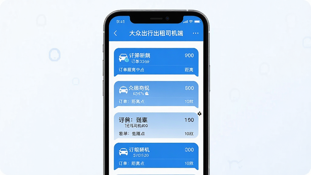一幅AI生成的图片,画面主体是一部手机展示“大众出行出租司机端”的订单推送列表,布局为手机屏幕特写位于画面中央,排版清晰,风格为扁平化科技蓝,细节包含多个订单气泡与距离标识,画质超清,干净,无多余元素